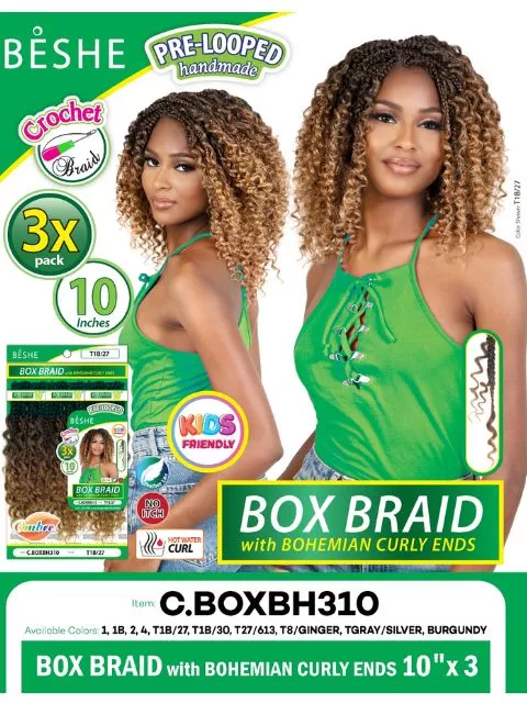 Beshe BOX BRAID with BOHEMIAN CURLY ENDS 10″x3″ Pre-looped Handmade Crochet Braid(C.BOXBH310)