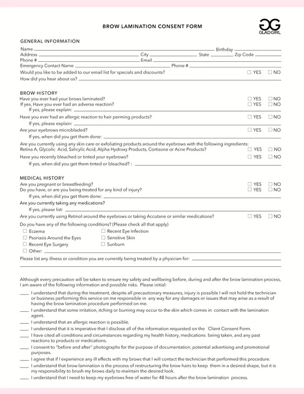 Downloadable Brow Lamination Consent Form