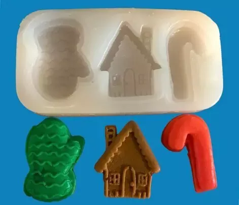 Mitten Gingerbread House and Candy Cane Embed 3 Cavity Silicone Mold 825