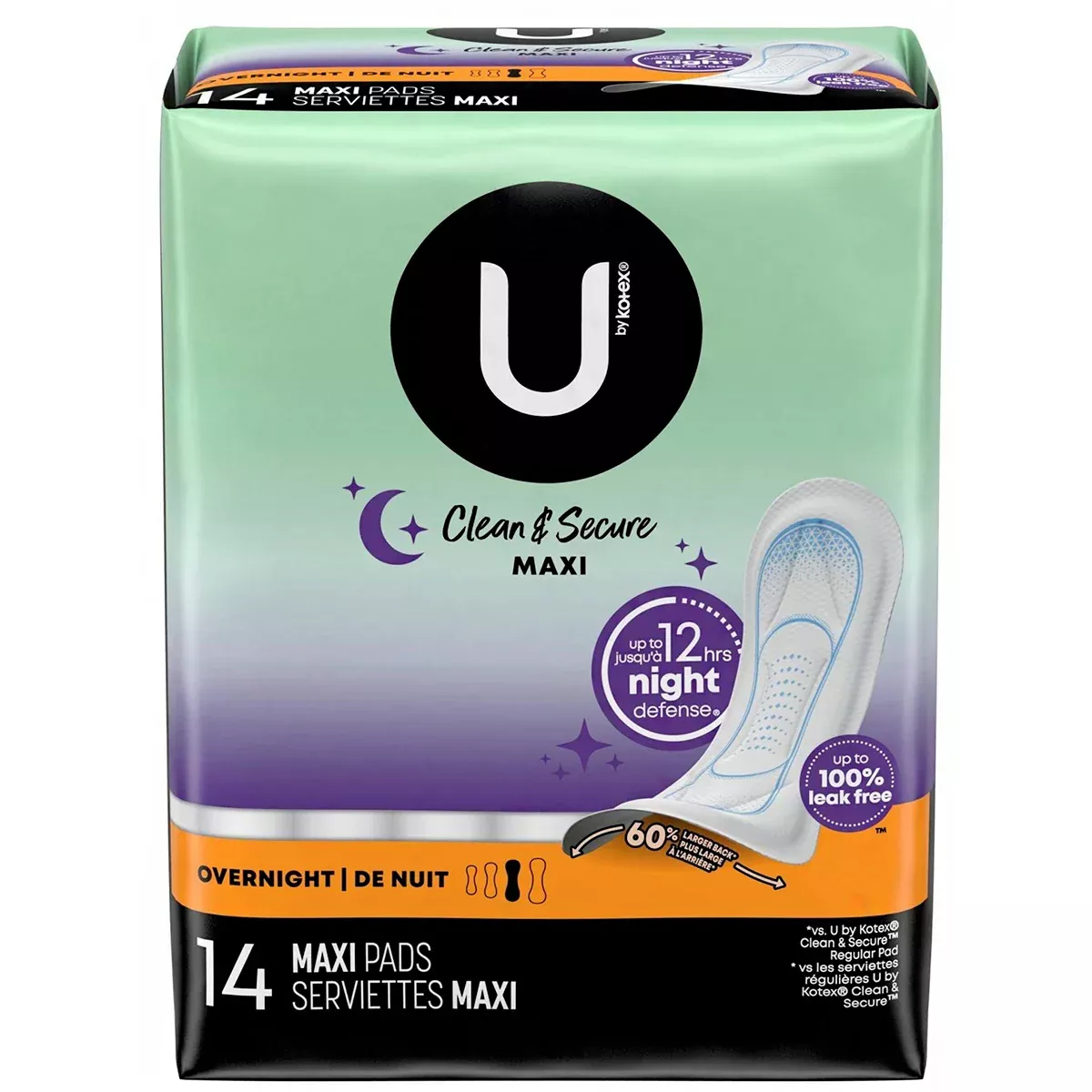 U by Kotex Clean & Secure Pads - Overnight / 14 Maxi Pads + Wings